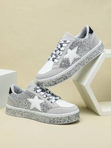 Silver Star Decoration Sequins Men's Versatile Fashion Eye-Catching Men's And Women's Casual Low-Top Walking Shoes Shoes Versatile Comfortable Breathable Sports Fitness Running Shoes Suitable For Holiday Parties And Gifts New 2025 Men's Sports Shoes