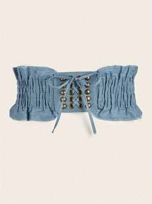 1 szt. Boho Marszczony Denim Pasek w Talii, Vintage Nitowany Pas Cincher Dla Kobiet, Uniwersalny Do Sukienek, Koszuli, Płaszczy, Odpowiedni Na Imprezę, Randki