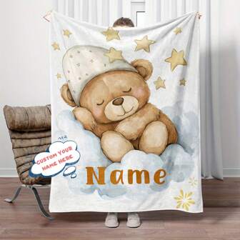 Coperta personalizzabile con orsetto - Morbida e leggera coperta in flanella con nome personalizzato, accogliente per divano, letto, viaggio, campeggio - Design adorabile di un orso addormentato, comfort per tutte le stagioni, coperta da campeggio | Coperta fantasiosa | Coperta per tutte le stagioni, multifunzionale, ornamentale, lettera, elegante, morbida, moderna, colorata, kawaii, adorabile, carina, casual, personalizzata, unica, personalizzata, regali per bambini, regali ideali per lui, regali ideali per lei, figlio, figlia