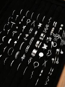 17KM 22/68 件简约金属几何仿珍珠心形戒指套装，女士节日、约会、日常派对礼物（无盒） - 款式1 - 查看 10