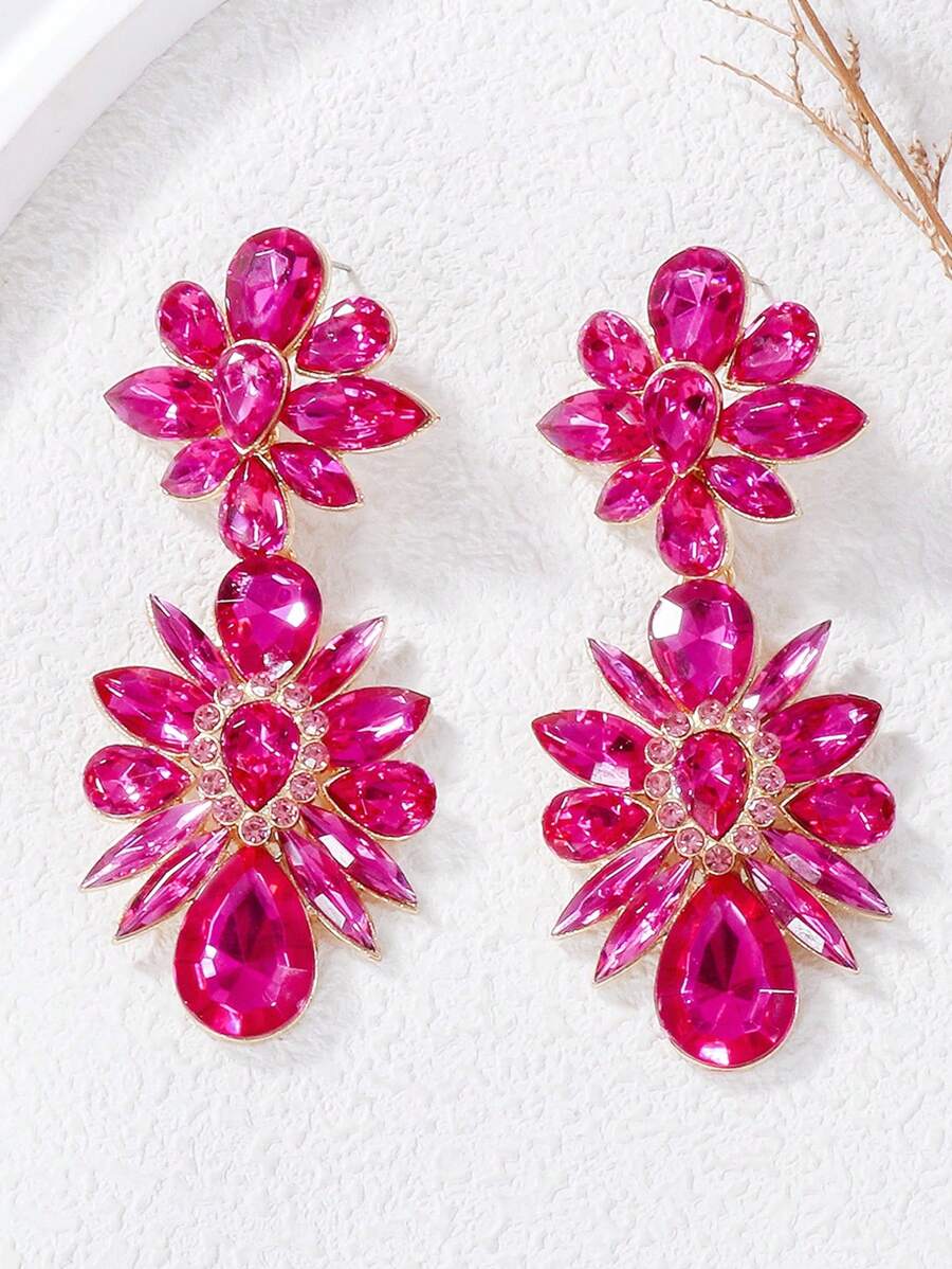 juran 1 Cặp bông tai mặt dây chuyền hoa đính đá phóng đại, Quà tặng trang sức dự tiệc, hẹn hò, đám cưới cho phụ nữ - Màu Hồng Tươi - Xem 1