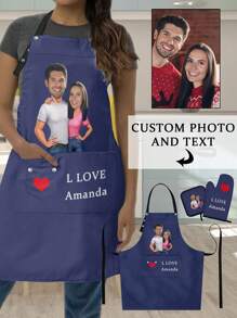 Customized 3-Piece Kitchen Apron Set, Personalized Couple Portrait Apron, Heat Resistant Gloves, Heat Resistant Pad. Suitable For Cooking, Industrial Production, Household Chores, Outdoor Grilling. Hand Or Machine Washable. Multiple Colors Available. Perfect Gift For Her/Him On Birthday, Anniversary, Christmas