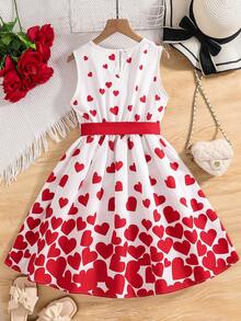 Tween Girl Heart Pattern Print Round Neck Sleeveless Dress - White - View 2