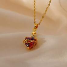 1 pieza Collar de acero inoxidable con colgante de cruz y corazón de circonita, cadena de gargantilla con dije rojo, apto para fiesta y uso diario, regalo de joyería