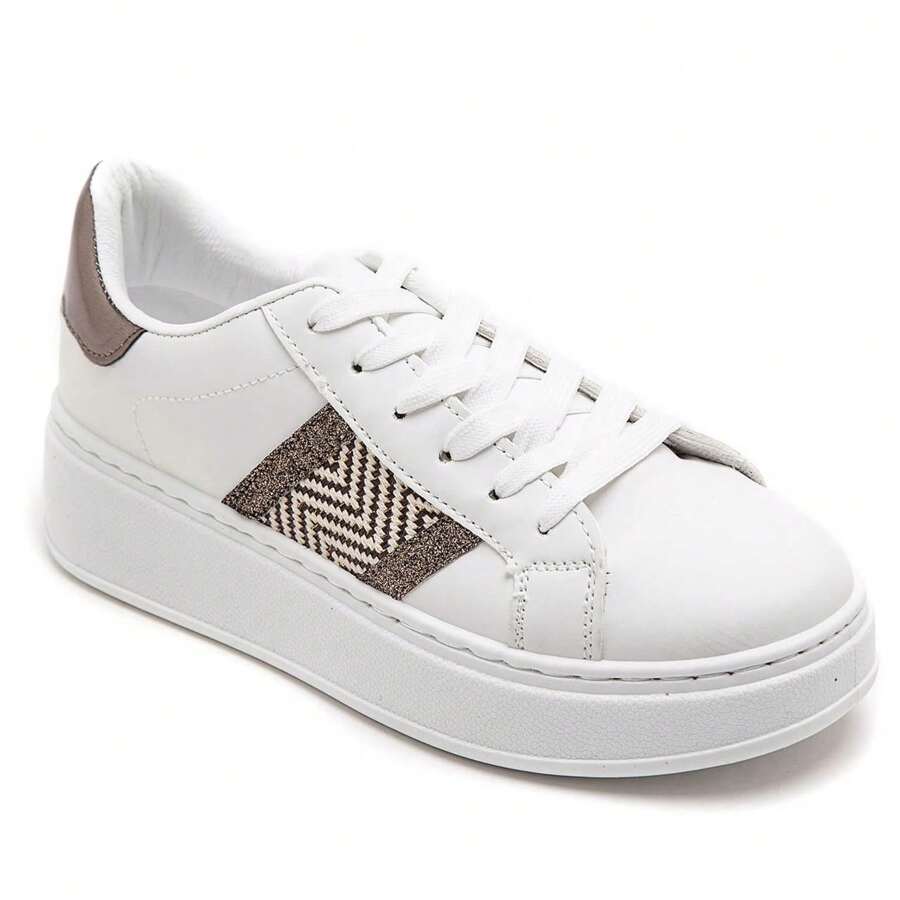 Women's White Platform Sneakers With Pattern - Modern Style And Comfort - Gunmetal - View 1
