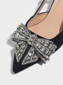 女士水钻蝴蝶结装饰尖头露跟粗跟鞋，优雅舒适，适合婚礼、派对、舞会、正式场合、秋冬季节，黑色绒面革，优雅，女士高跟鞋，优雅 - 黑色 - 查看 8