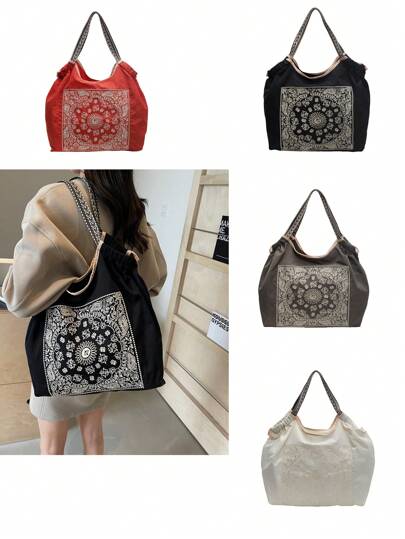 حقيبة يد كلاسيكية سعتها كبيرة متوافقة مع الألوان العصرية، مناسبة للطلاب والموظفين، هدية للمرأة ، لأنشطة الخارج والتسوق، بطبعة أزهار الباييت المطرزة