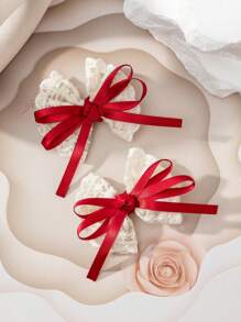 2 Pieces Set Of Red Simple Cute Bow Teen's Hairpins - Red - View 1