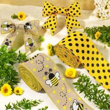1 Rollo/2 Rollos de cinta artesanal con patrón de abeja de primavera, de 2.5 pulgadas con borde de alambre, cinta de yute natural amarilla, adecuada para manualidades de 1er cumpleaños, costura, suministros para baby shower - Ver 2