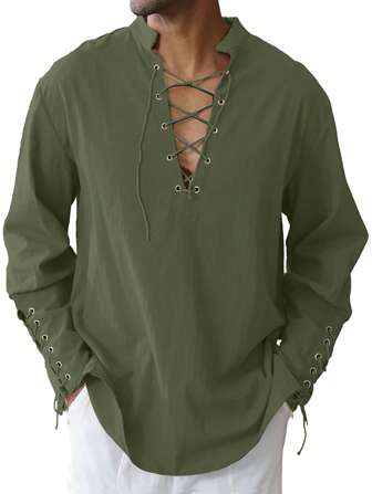 Men's Long Sleeve Medieval Style Drawstring Linen Shirt, Viking Costume