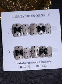100% handgefertigte Aufklebe-Nägel im Vintage-Stil mit Polka Dots, Nude-Khaki Katzenauge-Effekt, manuelle Nägel mit schwarzen Schleifen-Charms, 10 Stück kurze quadratische wiederverwendbare Fake-Tipps für Nail Art Design, Saisonale Nagelpflege-Zubehör - Schwarz - Übersicht 4