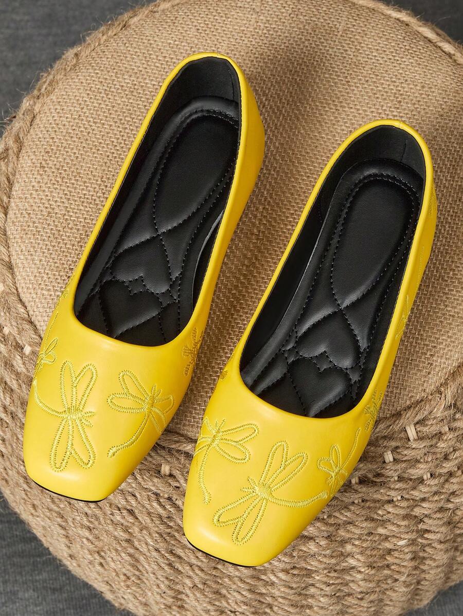 WHDXY 1 Pair Dragonfly Embroidered Women's Soft Bottom Square Toe Flat Slip-On Shoes, Comfortable Professional Work Shoes, French Elegant Mary Janes, Suitable For Spring & Autumn