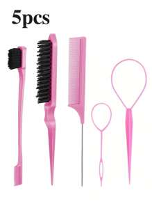Juego de peluquería para niños de 5 piezas, 2 herramientas de cola superior, 1 cepillo para cardar la melena, 1 cepillo de bordes, 1 peine de cola de ratón estilo femenino, peinado de cabello volador, peinado de bordes y hacia atrás, adecuado para el juego de cepillos para el cabello de niñas