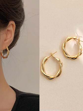 2pcs Gold Twist Geometry Hoop Earrings, Elegant Luxury Fashion Earrings For Women