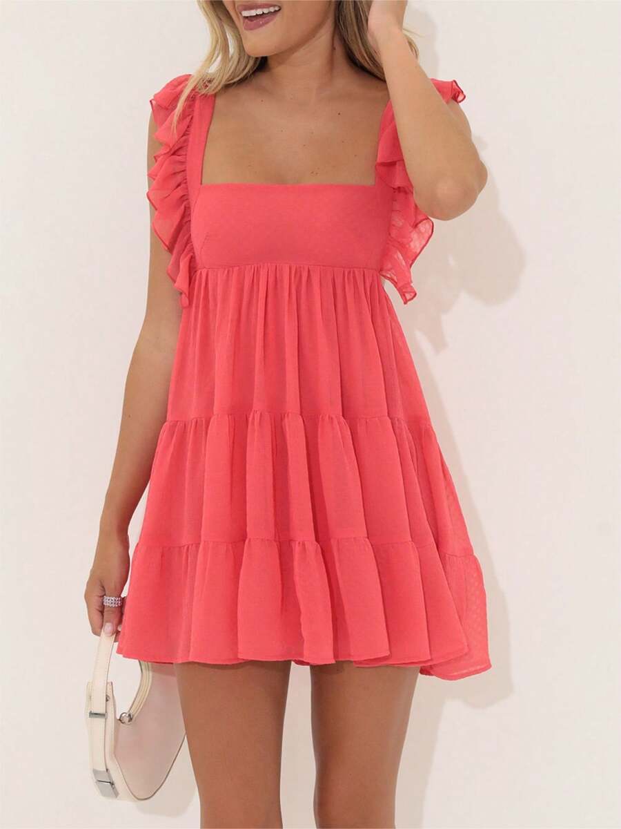 Women's Ruffle Strap Mini Dress Sleeveless Square Neck Solid Color Flowy Dress Summer Babydoll Dress - Đỏ - Xem 1