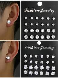 48pcs Geometric Round Square Cubic Zirconia Shiny Stud Earrings, Simple Punk Hip Hop Style, Big Set, Suitable For Party, Festival, Date, Gift And Daily Wear
