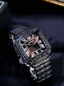 1pc Men's Black Steel Band Fashion Retro Engraved Square Dial Roman Numeral Automatic Mechanical Watch