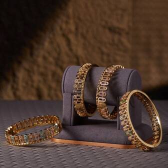 dazzdelic 2 件套锆石彩色蛋形铆钉线扣手镯和开口戒指，适合女士日常佩戴