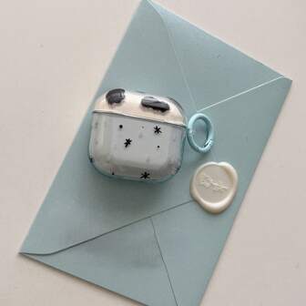 半透明蓝色牛纹星星耳机盒+挂绳套装，适用于Apple AirPodsPro2/AirPodsPro/AirPods4/AirPods3/AirPods2