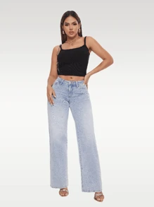 ONESO Mid-Low Rise Baggy Jeans Wide Leg Distressed Denim Pants Stretchy Plus Size - Light Blue - View 7