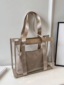 1 件 PVC 透明大容量单肩手提包，女士日常使用果冻沙滩包，带丝带可拆卸内袋，适合旅行、健身 - 卡其色 - 查看 1