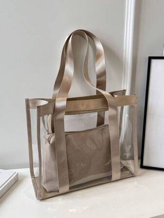 1 件 PVC 透明大容量单肩手提包，女士日常使用果冻沙滩包，带丝带可拆卸内袋，适合旅行、健身