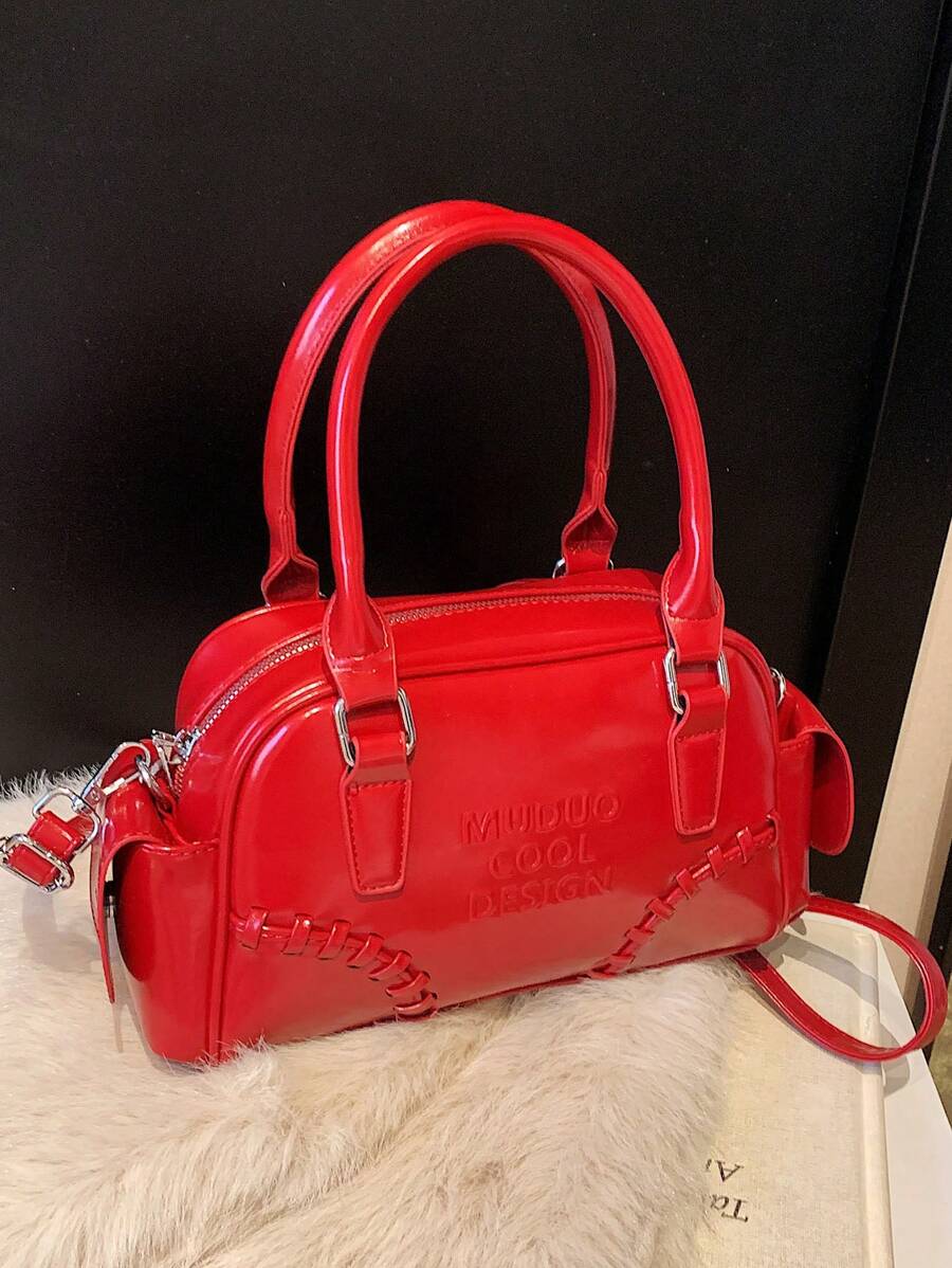 Fashionable Versatile Shiny Leather Handbag, Shoulder Crossbody Tote, Street Style, Minimalist Chic