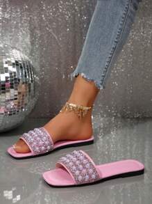 Women's Flat Sandals With Pearl And Rhinestone Decor, Solid Color Open Toe, Comfortable Casual Fashion Slip-On Mules Slippers, Multiple Colors