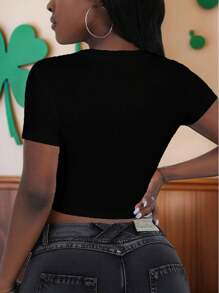 St. Patrick's Day Clover Print Fitted Short Sleeve Crew Neck T-Shirt For Women, Suitable For Spring/Summer - Black - View 2