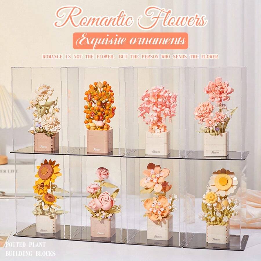 1pc New Arrival High Difficulty Multi-Granule Simulated Assemble Building Block Flower Bouquet, Carnation, Daisy, Jasmine Decorative Ornament, Home Decor, Birthday Gift, ABS Material, Handmade Fancy Building Block Ornament, Ideal For Valentine's Day, Mother's Day, Christmas, Halloween, Birthday