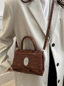 优雅时尚鳄鱼压纹休闲百搭单肩托特包 - 棕色 - 查看 6