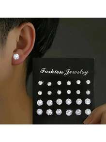 Lot de 48 boucles d'oreilles à tige géométriques rondes et carrées en zircone cubique brillante, style punk hip-hop simple, grand ensemble, convient pour les fêtes, les festivals, les rendez-vous, les cadeaux et le port quotidien