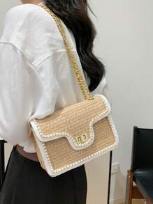 1 chiếc túi đeo chéo vuông đính hạt trai thời trang mới 2025, thích hợp cho phụ nữ đi du lịch, sử dụng hàng ngày, làm quà tặng hẹn hò - Màu Khaki - Xem 1