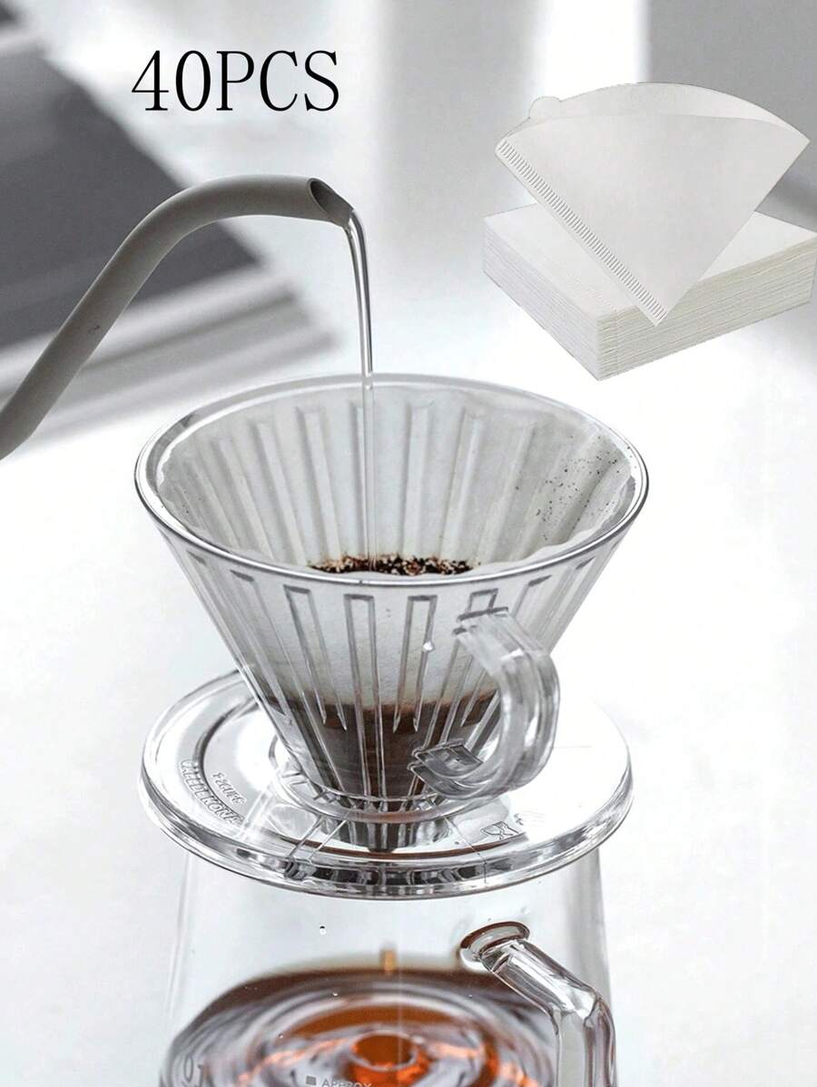 40 件一次性咖啡茶过滤器，未漂白天然纸质过滤器，V 形手工冲泡咖啡滤纸，适用于滴滤咖啡机、厨房小工具，易于使用和清洁
