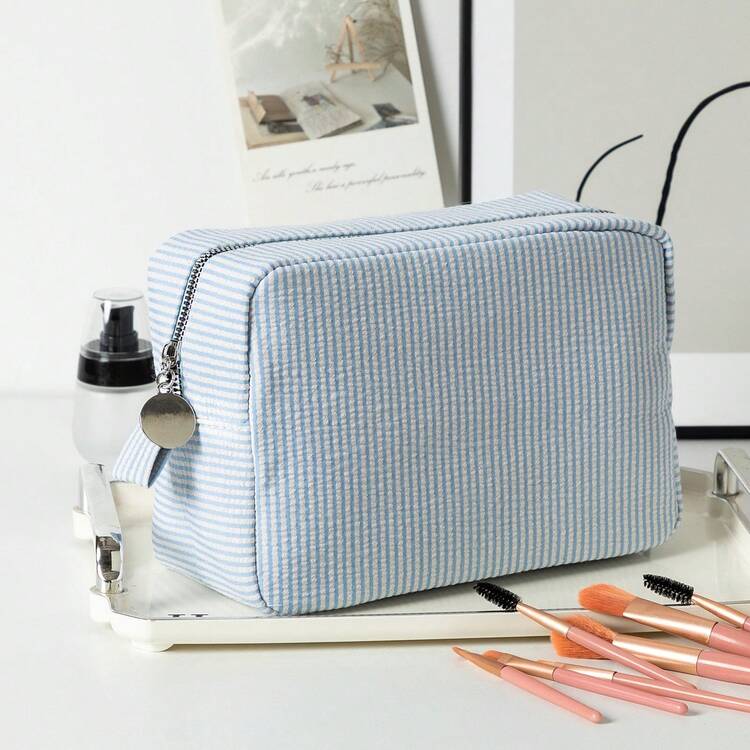 Neceser de maquillaje personalizado con monograma, bolsa con inicial personalizada, bolsa de tocador de gran capacidad a rayas, organizador de viaje de moda - Multicolor - Añade 13