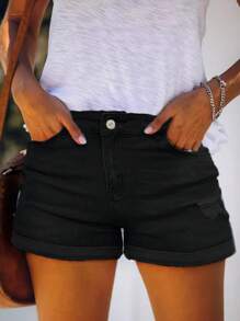 Women's Stretchy Jean Shorts Mid Waisted Shorts Stretch Booty Denim Shorts With Pockets - màu đen - Xem 1