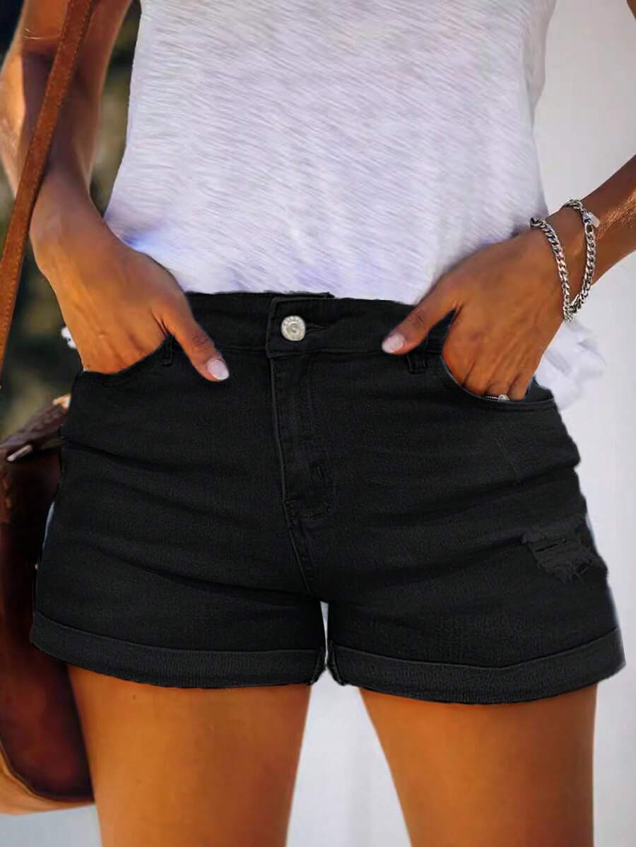 Women's Stretchy Jean Shorts Mid Waisted Shorts Stretch Booty Denim Shorts With Pockets - màu đen - Xem 1