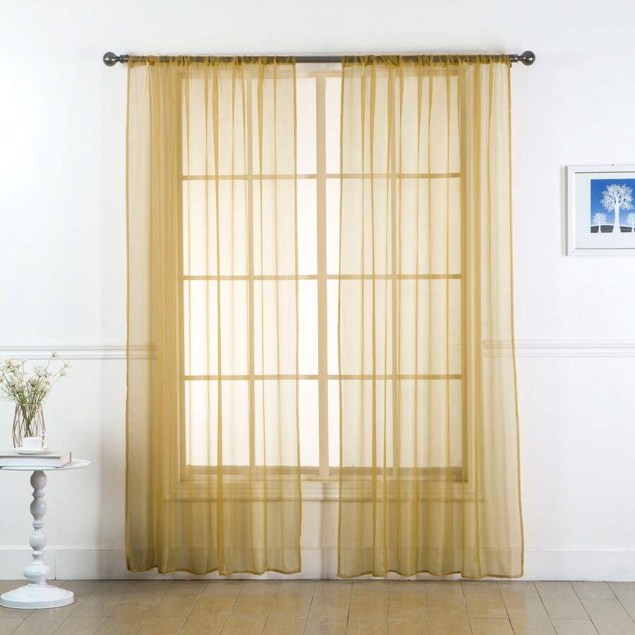 Set Of Two (2) Sheer Window Curtains Panels With Rod Pocket Drape Set Multiple Lengths (63", 84", 95", 108", 120" L) Solid Colors - Gold - View 1