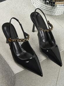 Women's Patent Leather Chain Decor Sexy Pointed Toe Stiletto High Heel Sandals, Fashion French Style