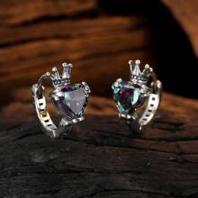 1 par de pendientes de aro con forma de corona y corazón de circonita geométrica para mujer, joyería fina de moda, accesorios minimalistas