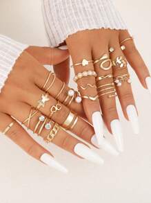 17KM 22/68 件简约金属几何仿珍珠心形戒指套装，女士节日、约会、日常派对礼物（无盒） - 款式1 - 查看 14