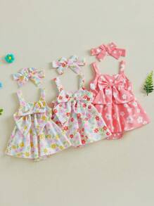 Baby Girl Summer Outfits Sleeveless Square Neck Bow Front Romper With Headband