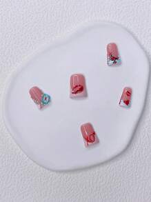 10片装Y2K粉色法式美甲套装，时尚鸭嘴造型，手工制作，亮面质感，饰以蓝色法式斑马纹、手绘红色爱心、嘴唇和信封爱心图案 - 完美适用于派对和休闲装扮，是送给女性和女孩的完美节日礼物，包含美甲工具套装。 - 彩色 - 查看 3