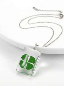 Collar con colgante de trébol de la suerte para mujer, collar cuadrado de resina de vidrio redondo para el día de San Patricio, joyería de plantas de amor y suerte