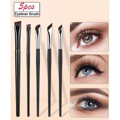5支装精准眼部化妆刷套装，包含镰刀形眼线刷、斜角眼线刷和眉刷，专业眼线刷，长柄双面化妆刷，适用于敏感、娇嫩、干性肌肤，轻松打造精致眼妆，适合女性使用，包含眉刷、眼影刷、螺旋刷、螺旋刷，赠品