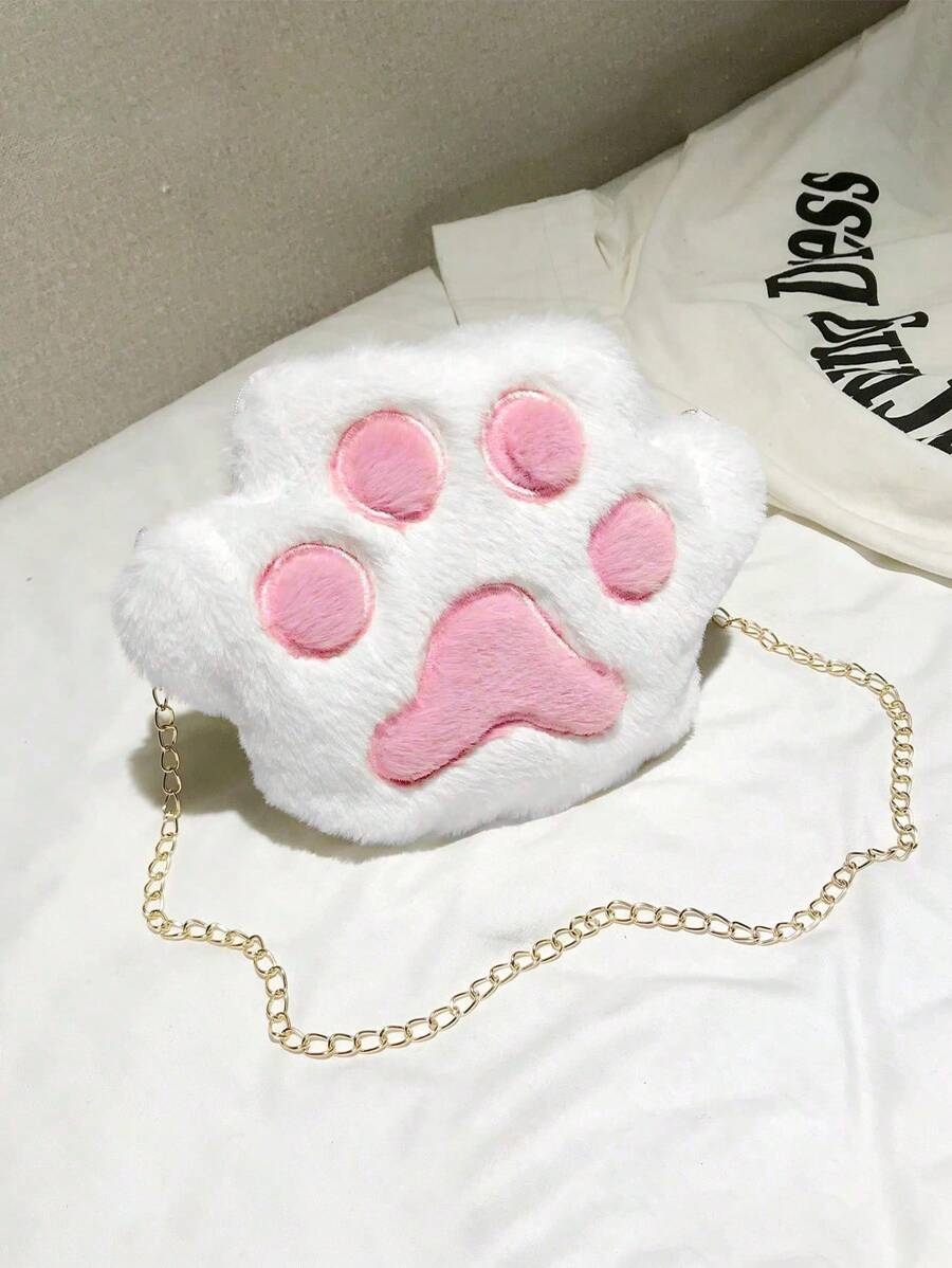 1 件可爱柔软毛绒刺绣猫爪链条斜挎包轻便便携单肩包适合女孩和学生度假和户外和秋冬季和购物和日常使用和秋冬季 - 白色 - 查看 1