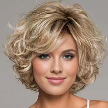 [Natural Charm] Elegancka 10-calowa blond krótka falowana peruka typu bob dla kobiet - obszerne syntetyczne włosy z grzywką, idealne do codziennego noszenia i na specjalne okazje, peruka z krótkich włosów