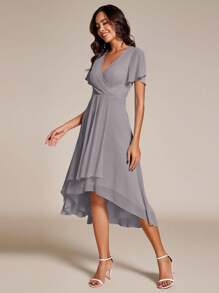 EVERPRETTY Váy phù dâu màu bạc xẻ tà chữ A dài đến đầu gối, viền bèo nhún bằng vải chiffon thanh lịch, viền cao thấp tương phản, váy dự tiệc cưới cho kỳ nghỉ - Xám - Xem 3