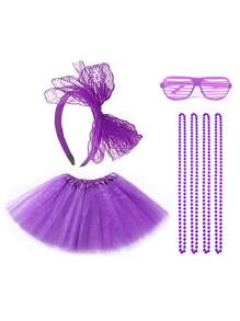 6/7件套女士服装配饰套装，适合80年代霓虹派对，包括蕾丝蝴蝶结发箍、道具眼镜、仿珍珠项链、蓬蓬裙，适合派对角色扮演、舞台表演和万圣节。 - 多色 - 查看 14