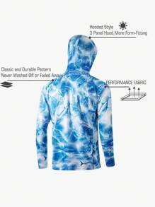 高性能连帽钓鱼衬衫，内置绑腿，面料柔软透气，带有蓝色水波纹鱼图案 - 藍色 - 查看 2